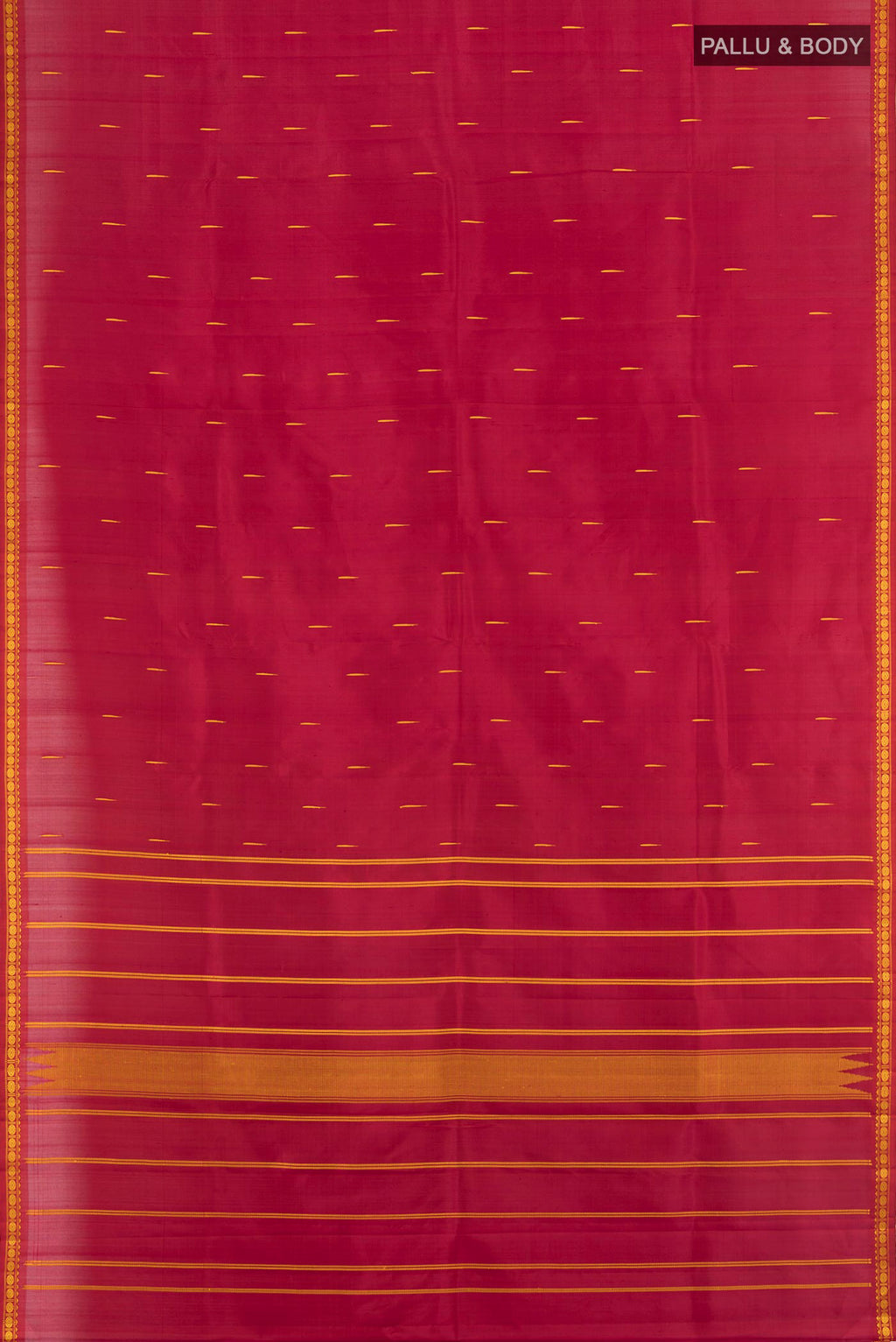 Flat view of Maroon Kanchipuram Silk Saree with Thread Butta on the body and Thread Border. 