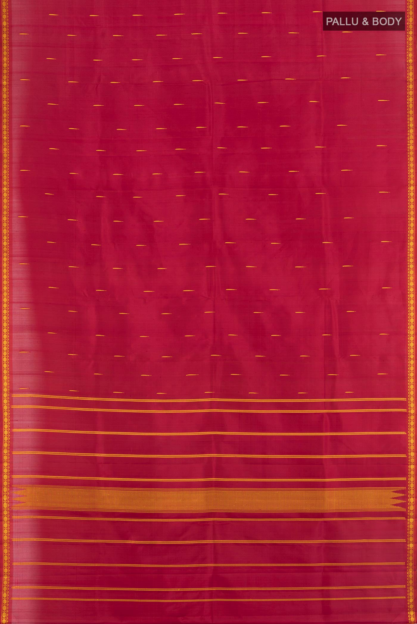 Flat view of Maroon Kanchipuram Silk Saree with Thread Butta on the body and Thread Border. 