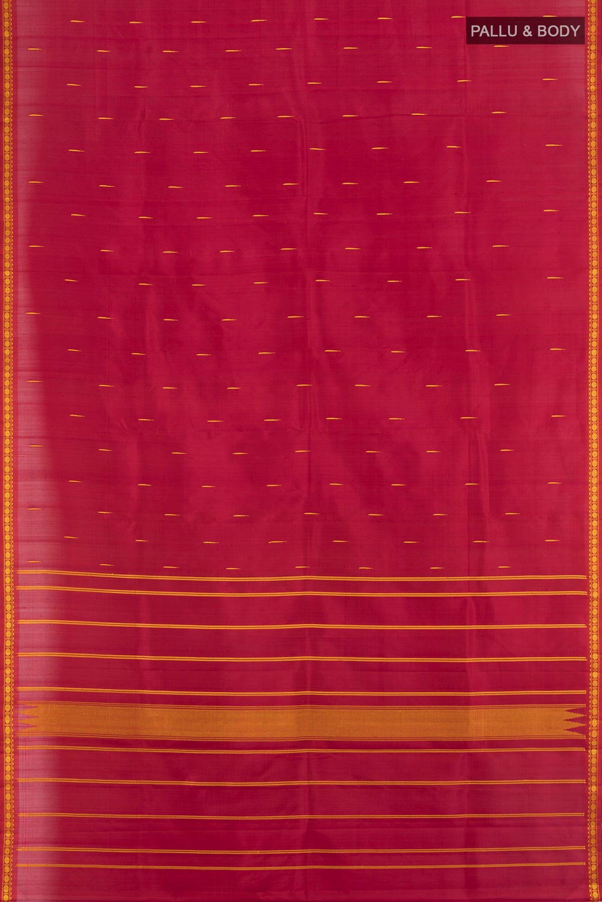 Flat view of Maroon Kanchipuram Silk Saree with Thread Butta on the body and Thread Border. 