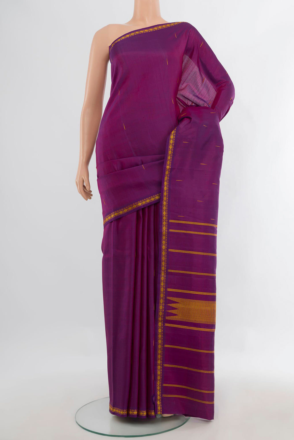 Pure Silk Purple Kanchipuram Saree with Thread Butta on the body and Thread Border.  displayed on a mannequin