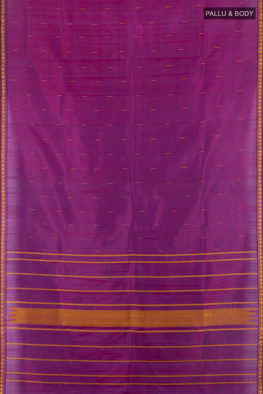 Flat view of Pure Silk Purple Kanchipuram Saree with Thread Butta on the body and Thread Border. 