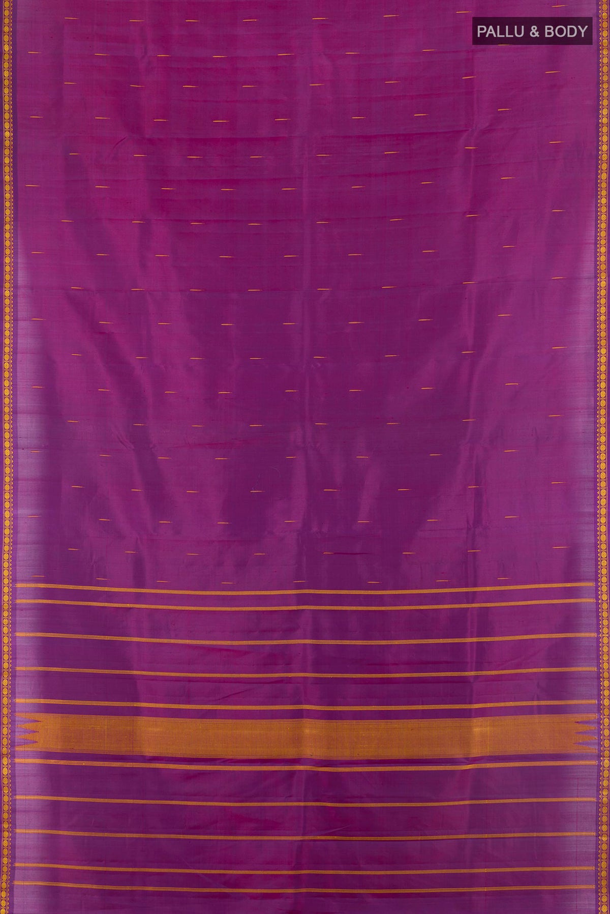 Flat view of Pure Silk Purple Kanchipuram Saree with Thread Butta on the body and Thread Border. 