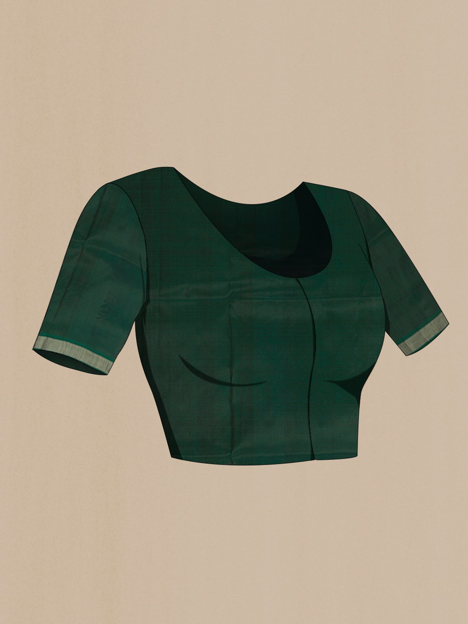 Close up image of the blouse of Bottle Green Kanchipuram Silk Saree with Plain Body and Thread Border. 