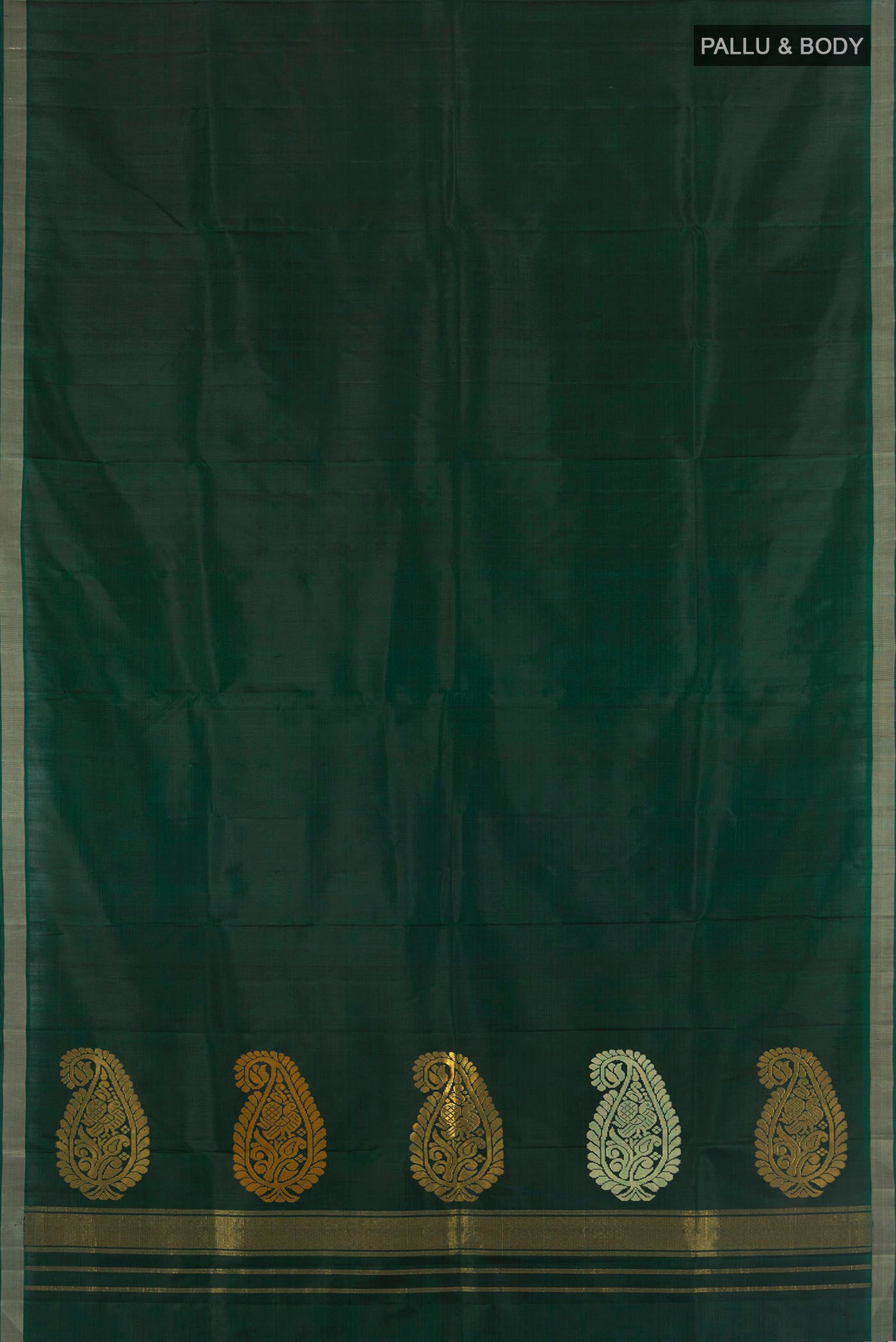 Flat view of Bottle Green Kanchipuram Silk Saree with Plain Body and Thread Border. 