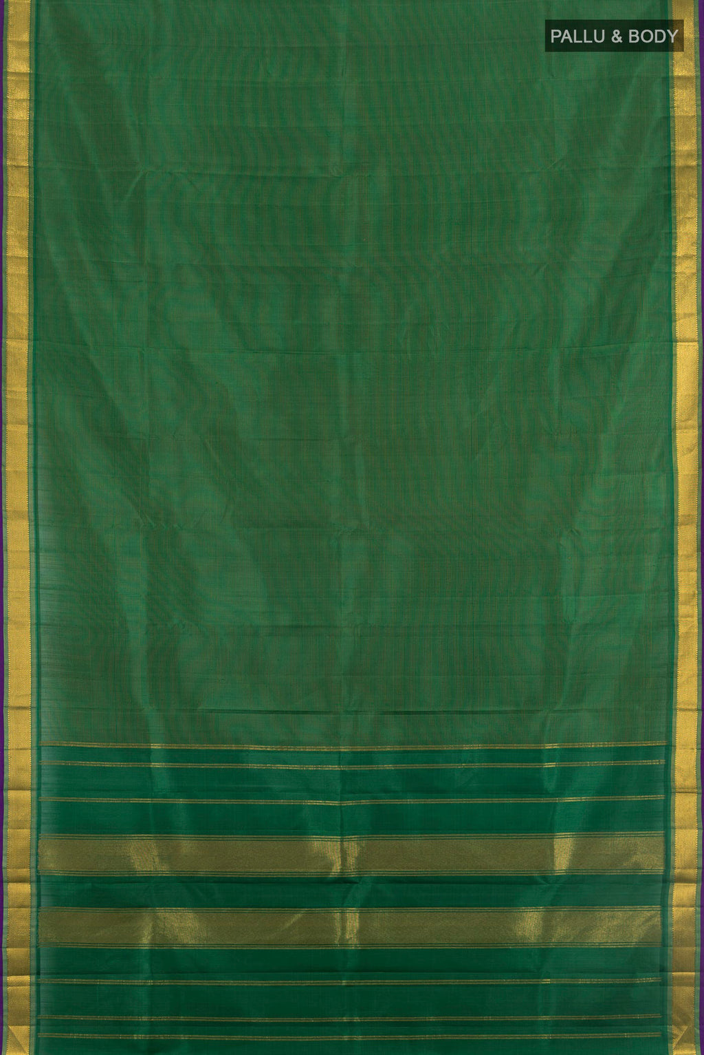 Flat view of Bottle Green Kanchipuram Silk Saree with Plain Body and Zari Border. 