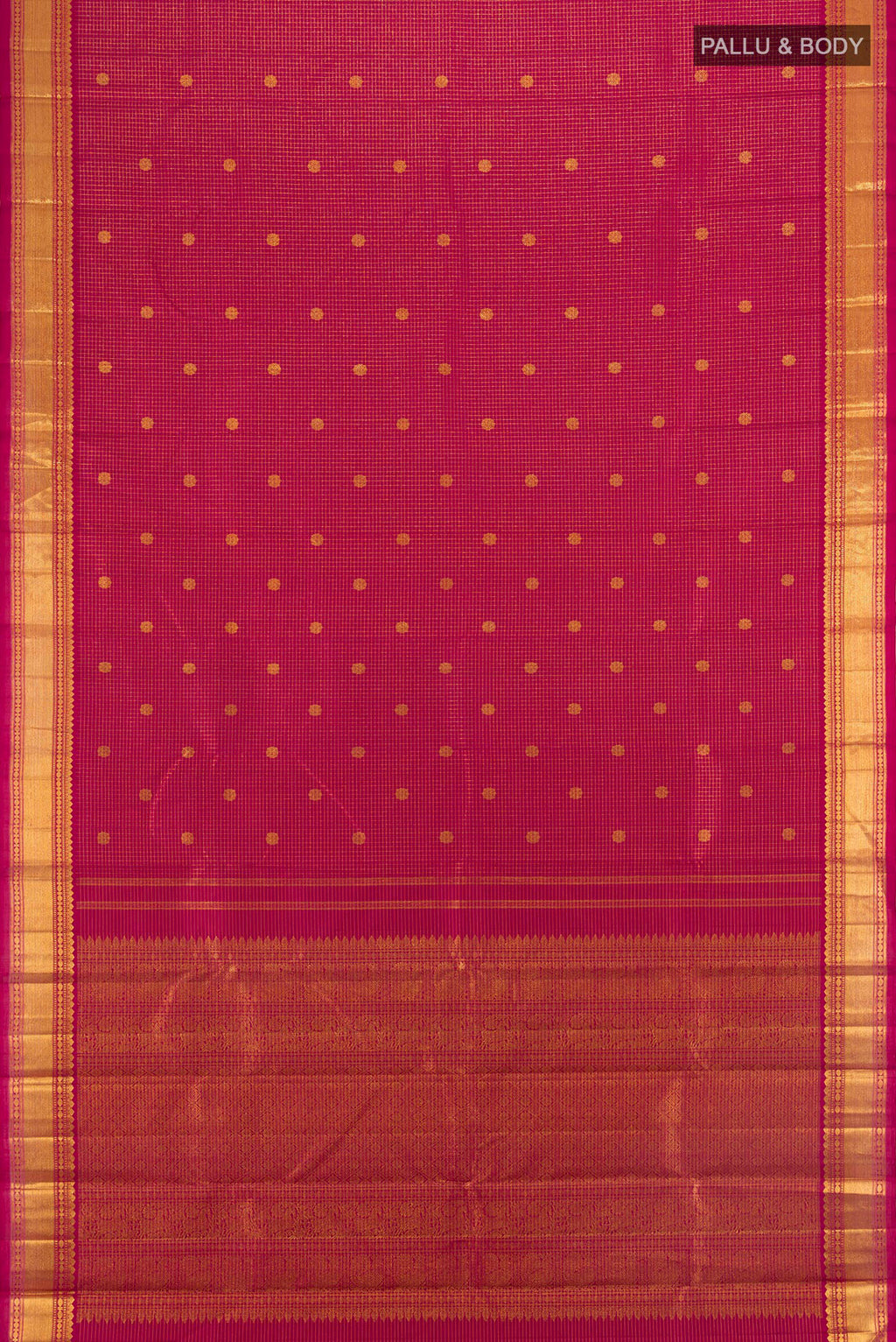 Flat view of Maroon Kanchipuram Silk Saree with Checked design on the body and Zari Border. 
