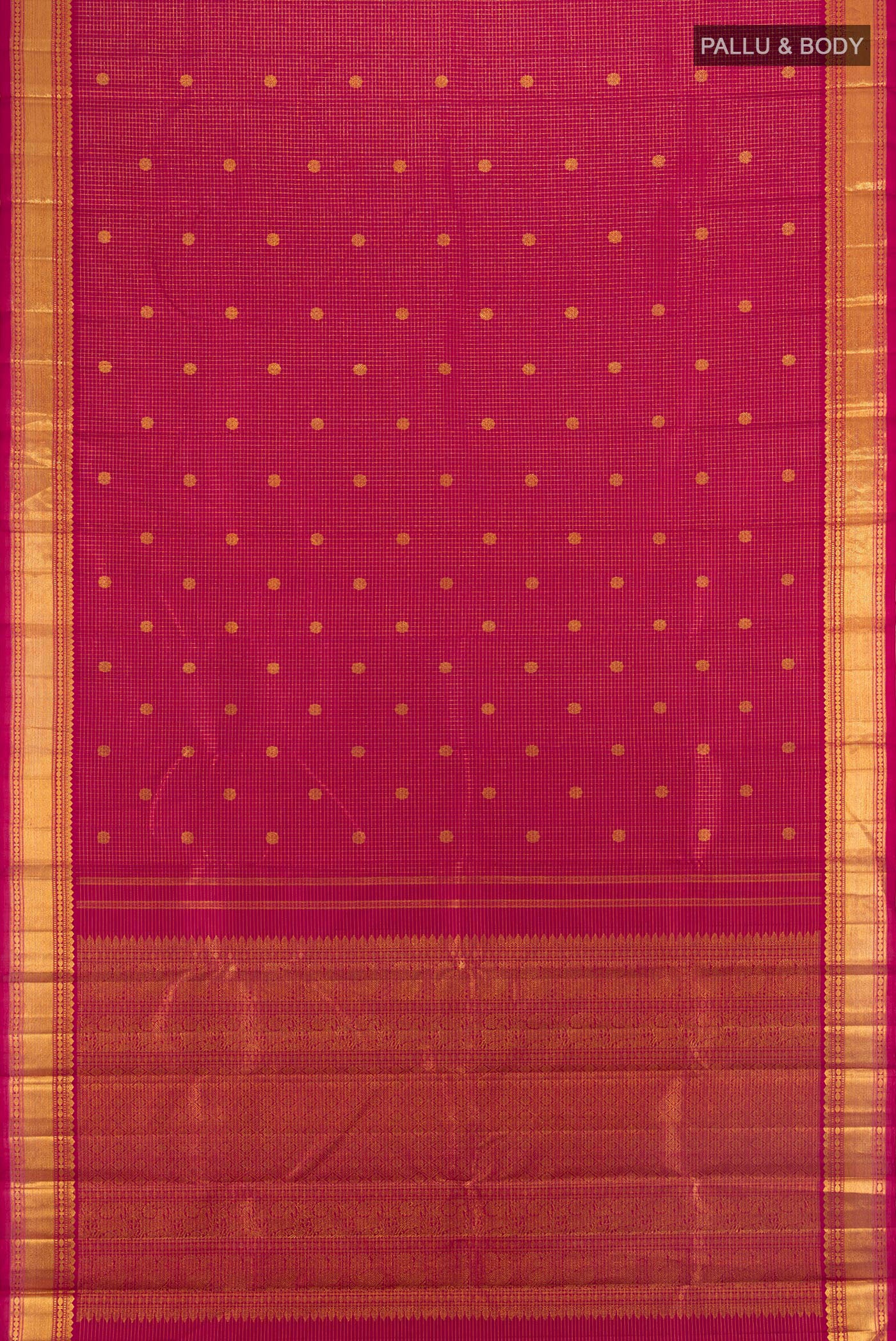 Flat view of Maroon Kanchipuram Silk Saree with Checked design on the body and Zari Border. 