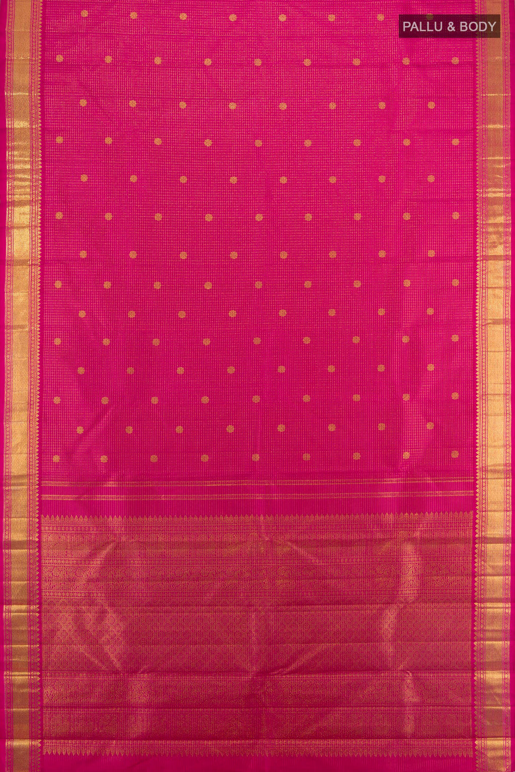 Flat view of Pure Silk Dark Pink Kanchipuram Saree with Checked design on the body and Zari Border. 
