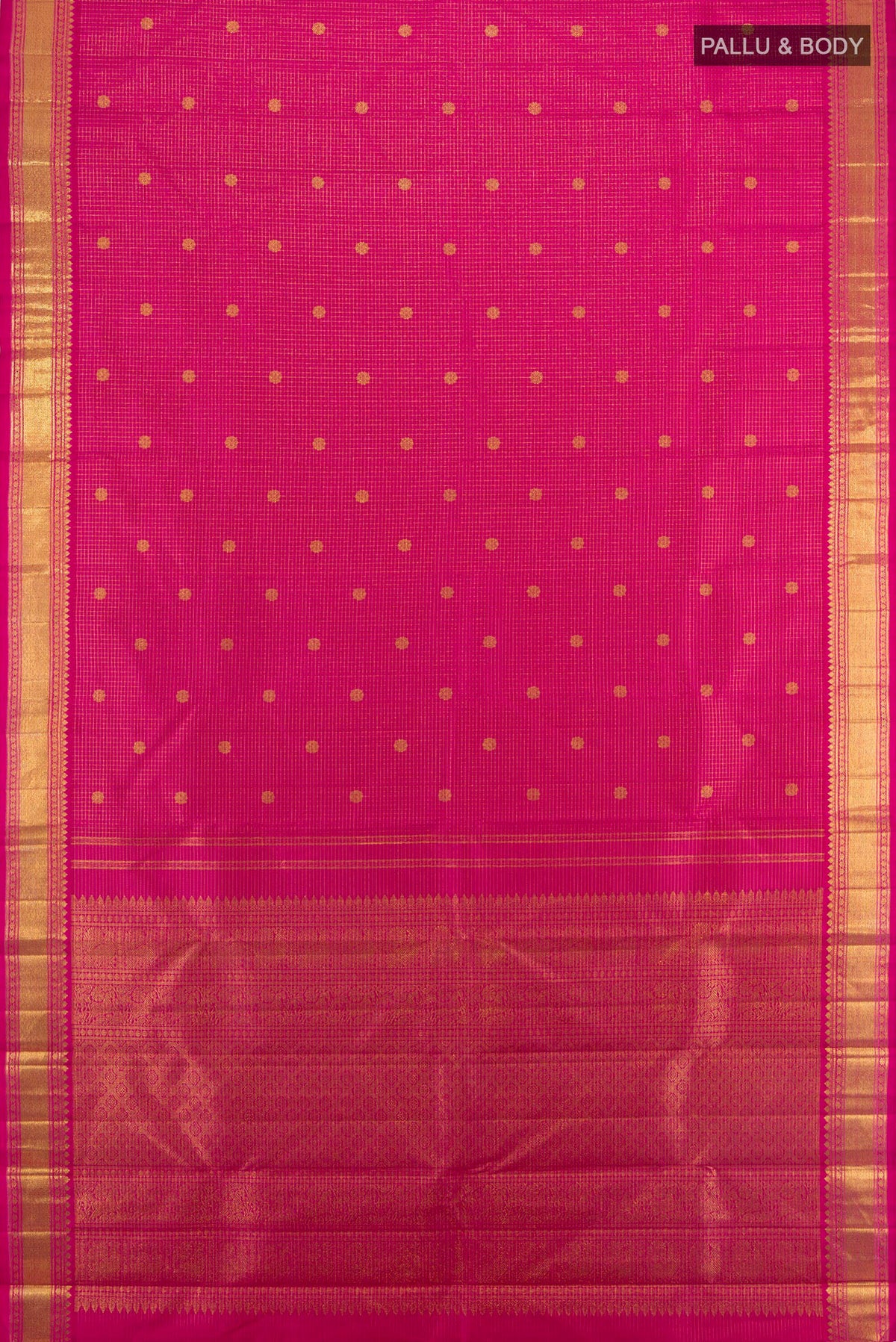 Flat view of Pure Silk Dark Pink Kanchipuram Saree with Checked design on the body and Zari Border. 