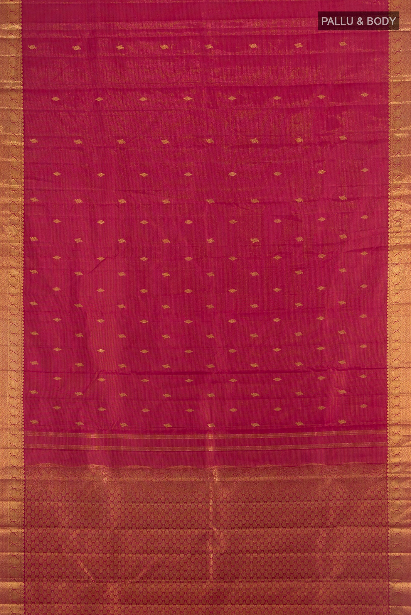 Flat view of Pure Silk Pure Zari Maroon Kanchipuram Saree with Zari Butta on the body and Silk Border. 
