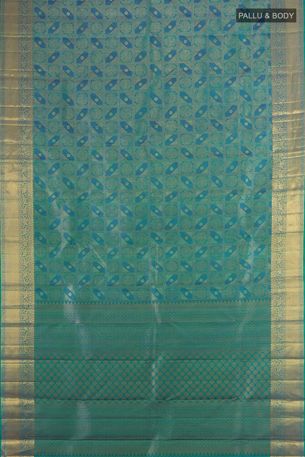 Flat view of Pure Silk Pure Zari Multi Color Kanchipuram Saree with Zari Butta on the body and Silk Border. 