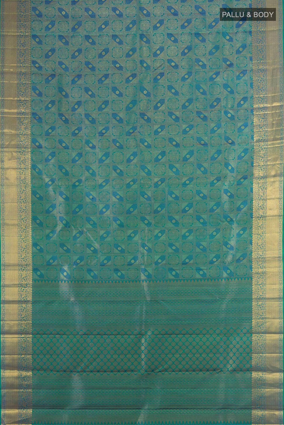 Flat view of Pure Silk Pure Zari Multi Color Kanchipuram Saree with Zari Butta on the body and Silk Border. 