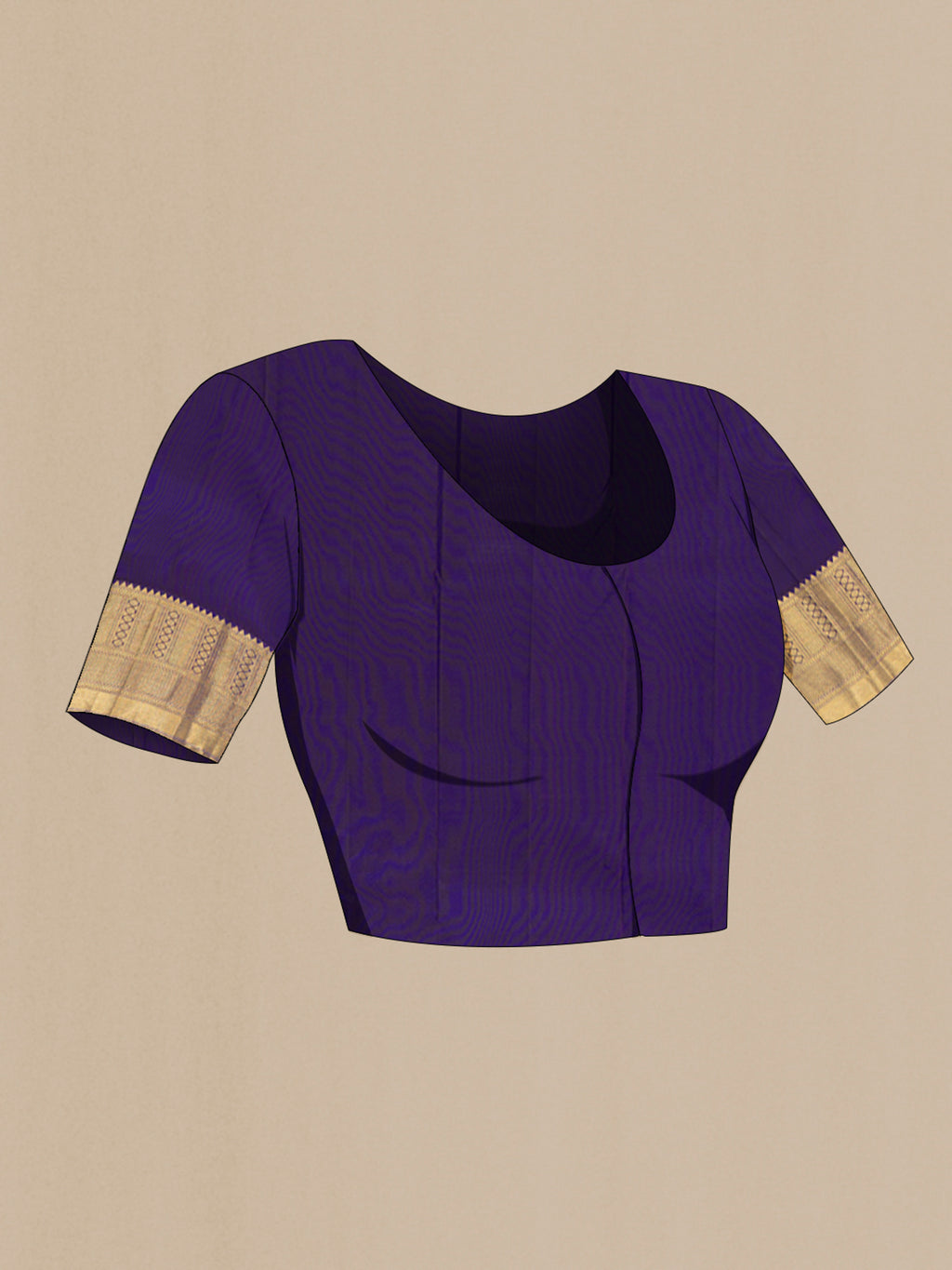 Close up image of the blouse of Navy Blue Kanchipuram Silk Saree with Zari Butta on the body and Zari Border. 