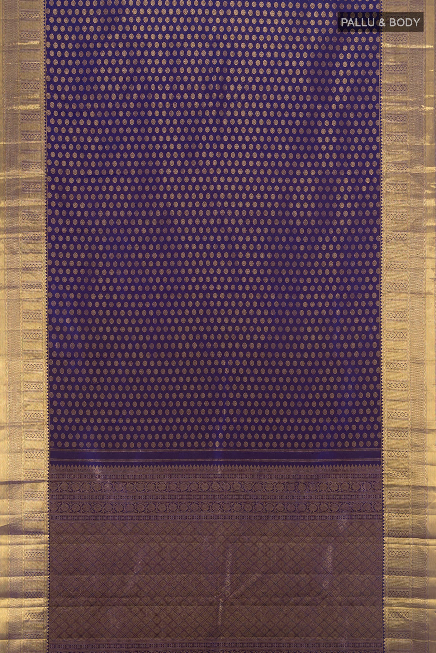Flat view of Navy Blue Kanchipuram Silk Saree with Zari Butta on the body and Zari Border. 