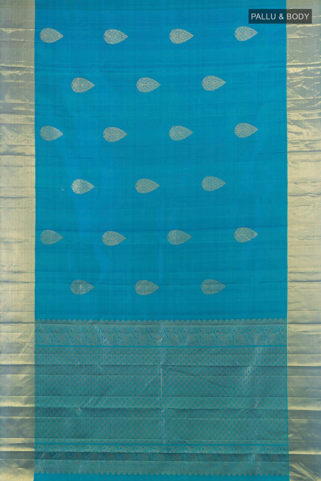 Flat view of Pure Silk Peacock Blue Kanchipuram Saree with Zari Butta on the body and Zari Border. 