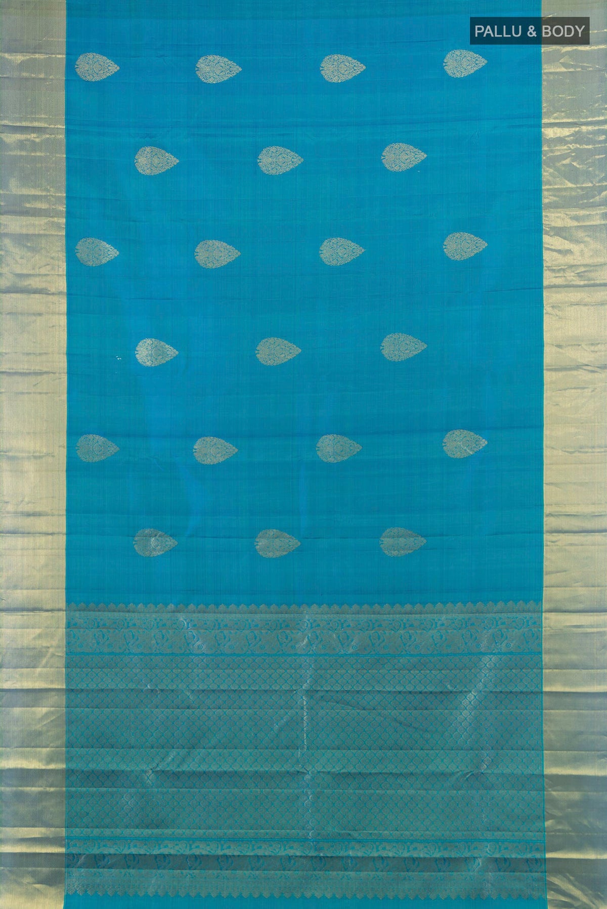 Flat view of Pure Silk Peacock Blue Kanchipuram Saree with Zari Butta on the body and Zari Border. 