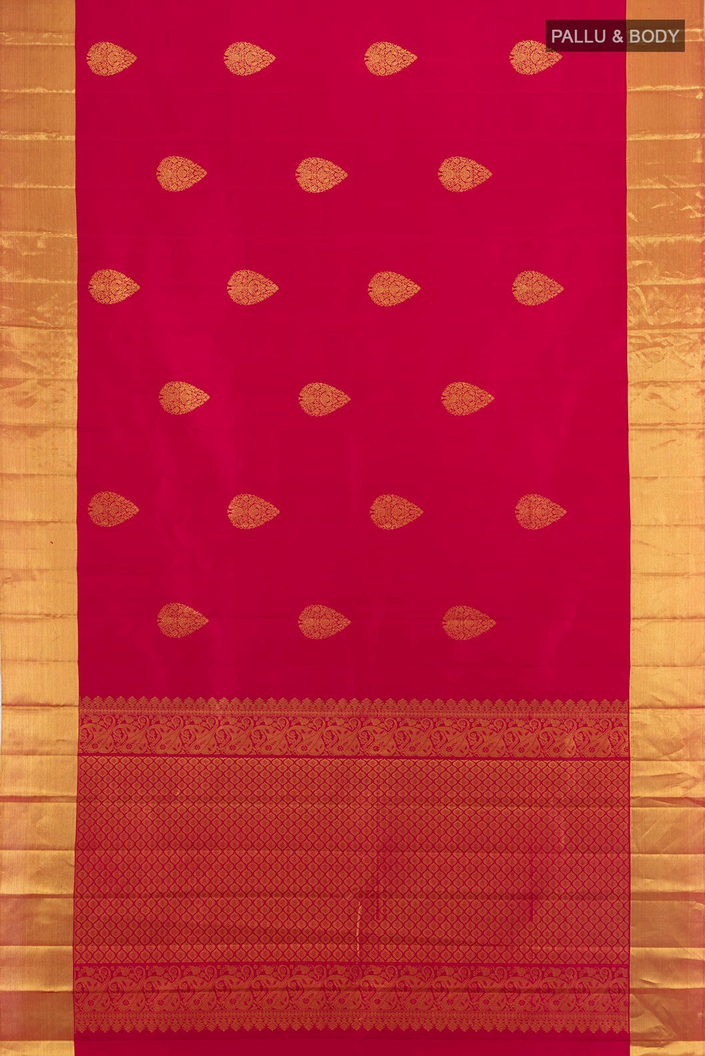Flat view of Dark Pink Kanchipuram Silk Saree with Zari Butta on the body and Zari Border. 
