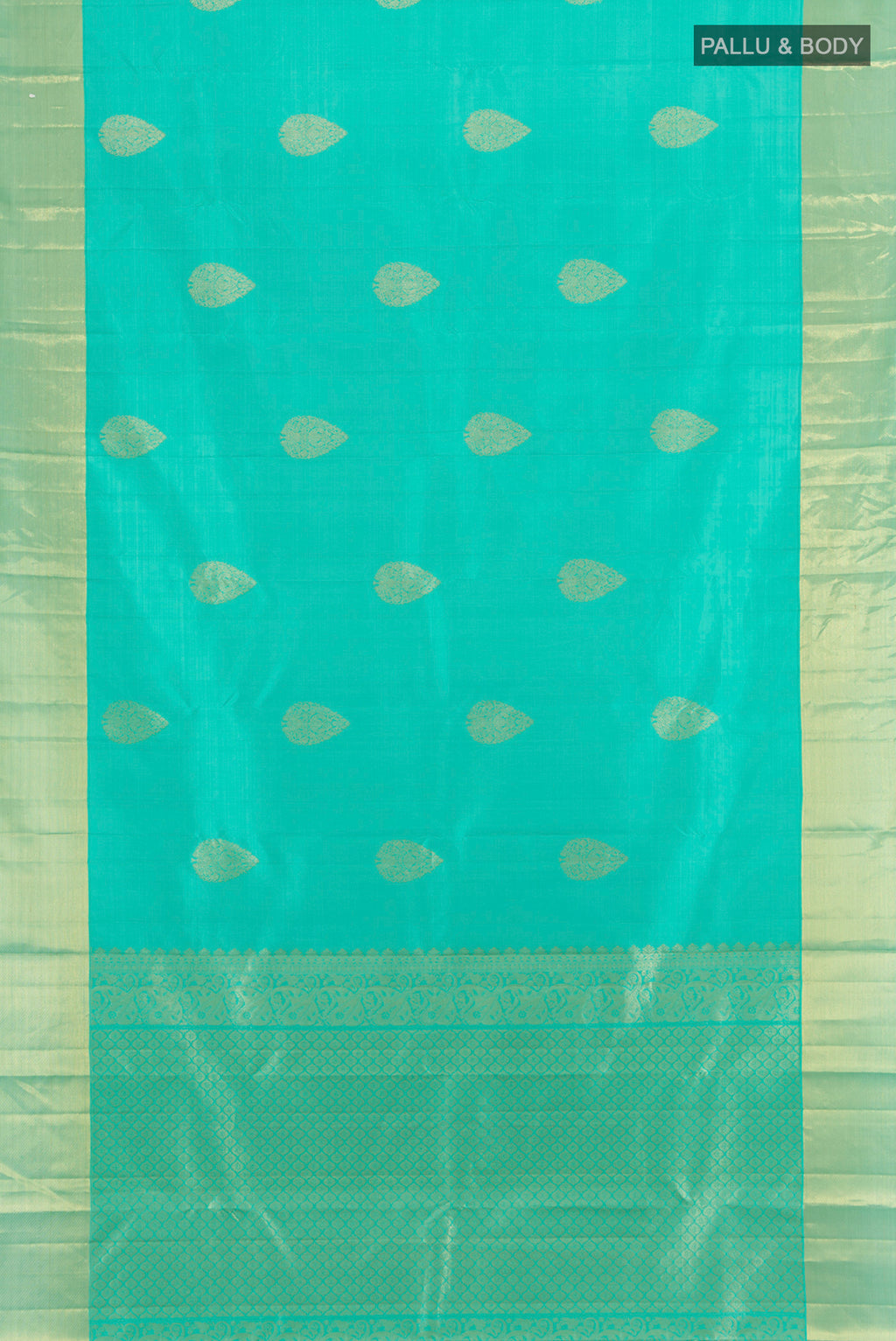 Flat view of Sky Blue Kanchipuram Silk Saree with Zari Butta on the body and Zari Border. 