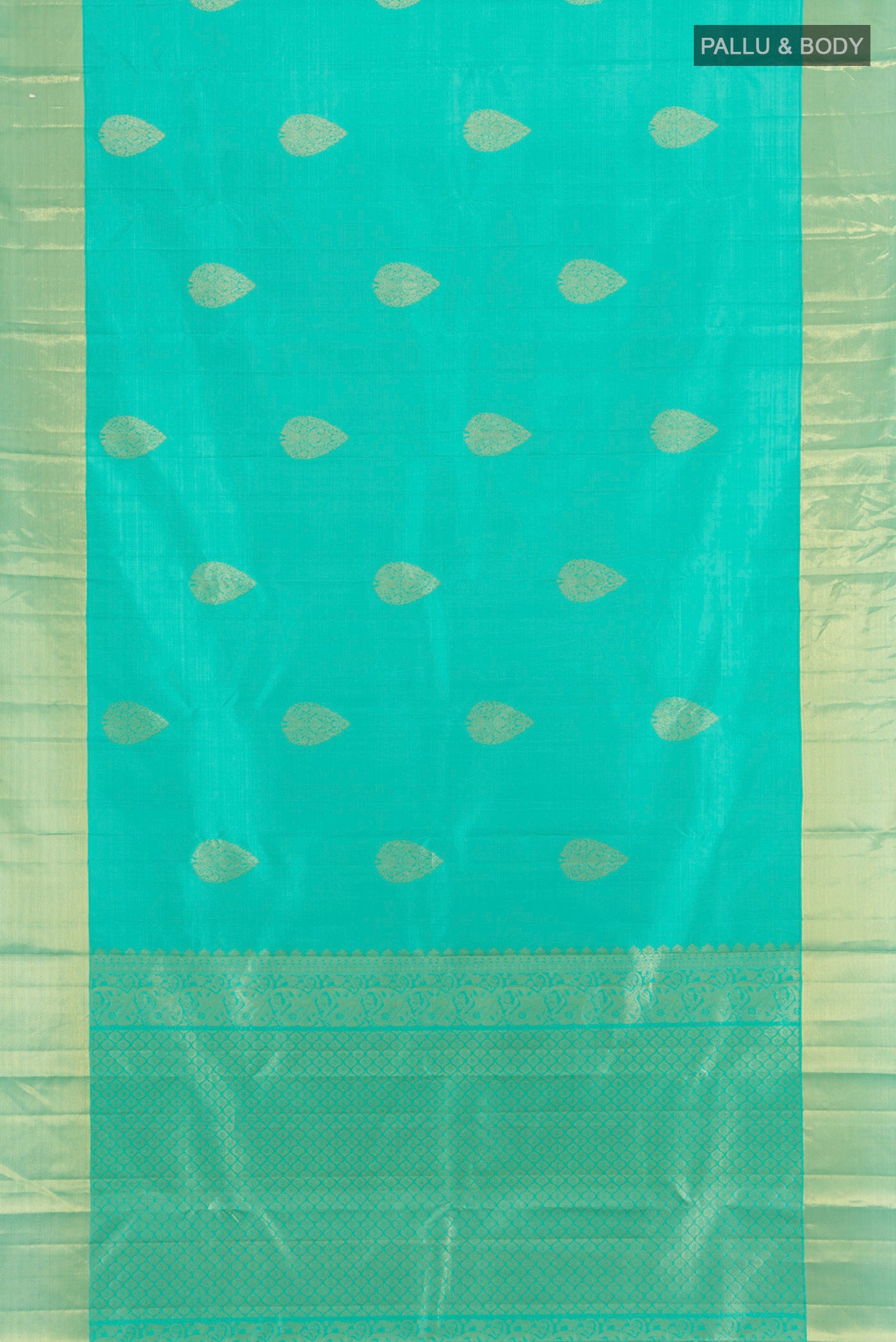 Flat view of Sky Blue Kanchipuram Silk Saree with Zari Butta on the body and Zari Border. 