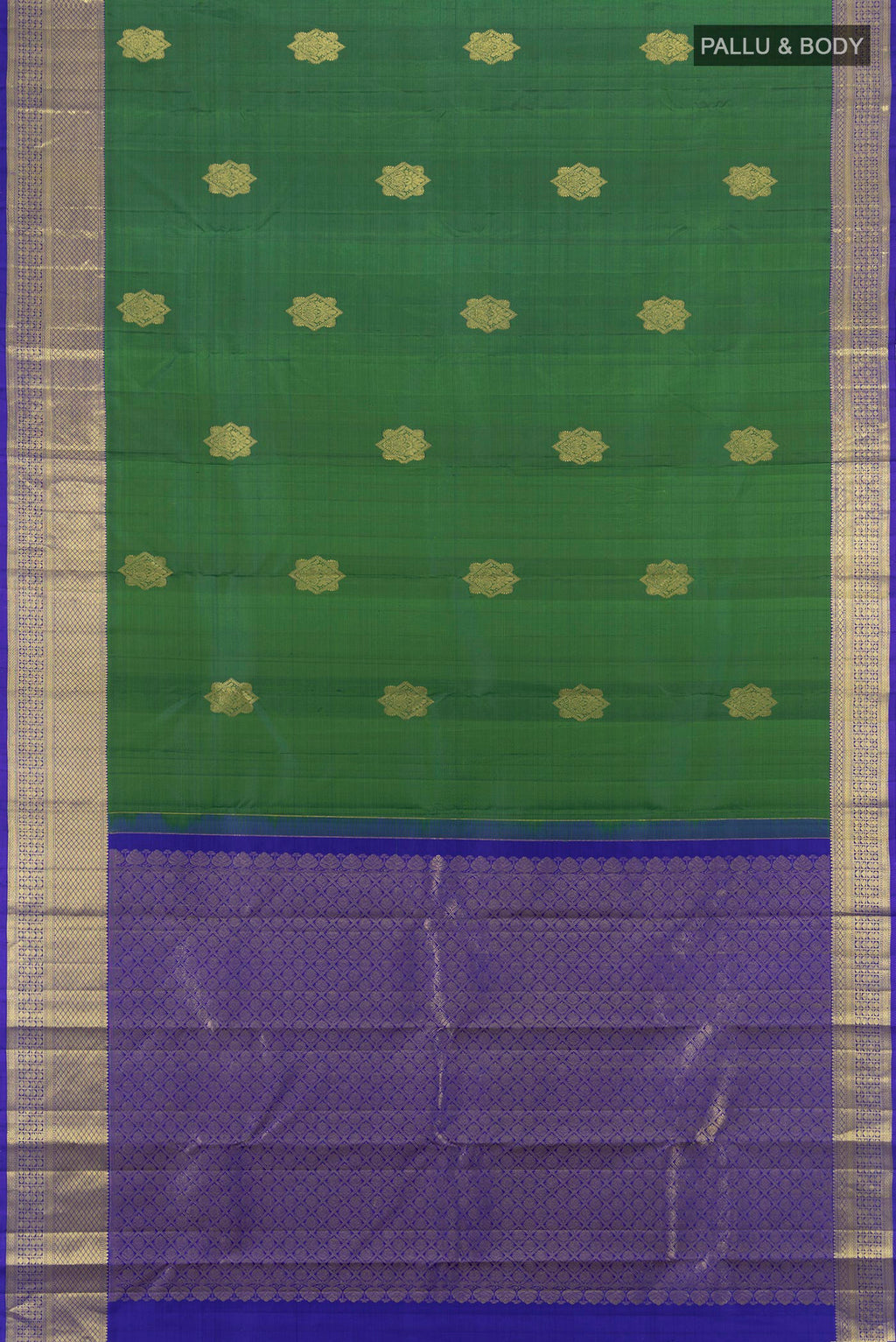 Flat view of Green Dual Tone Kanchipuram Silk Saree with Zari Butta on the body and Zari Border. 