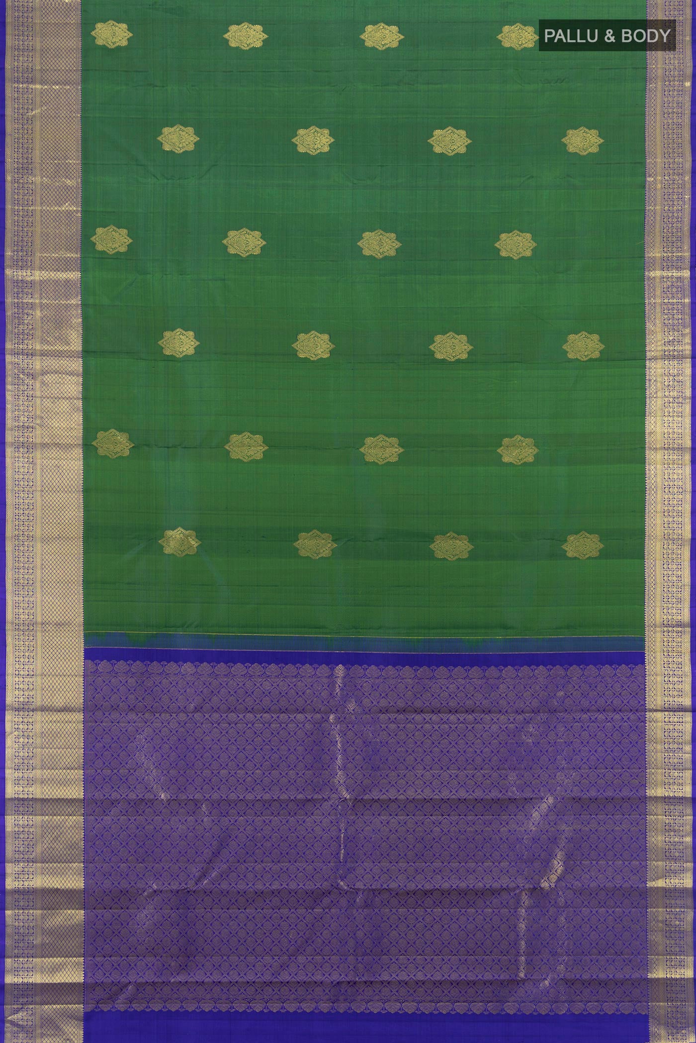 Flat view of Green Dual Tone Kanchipuram Silk Saree with Zari Butta on the body and Zari Border. 