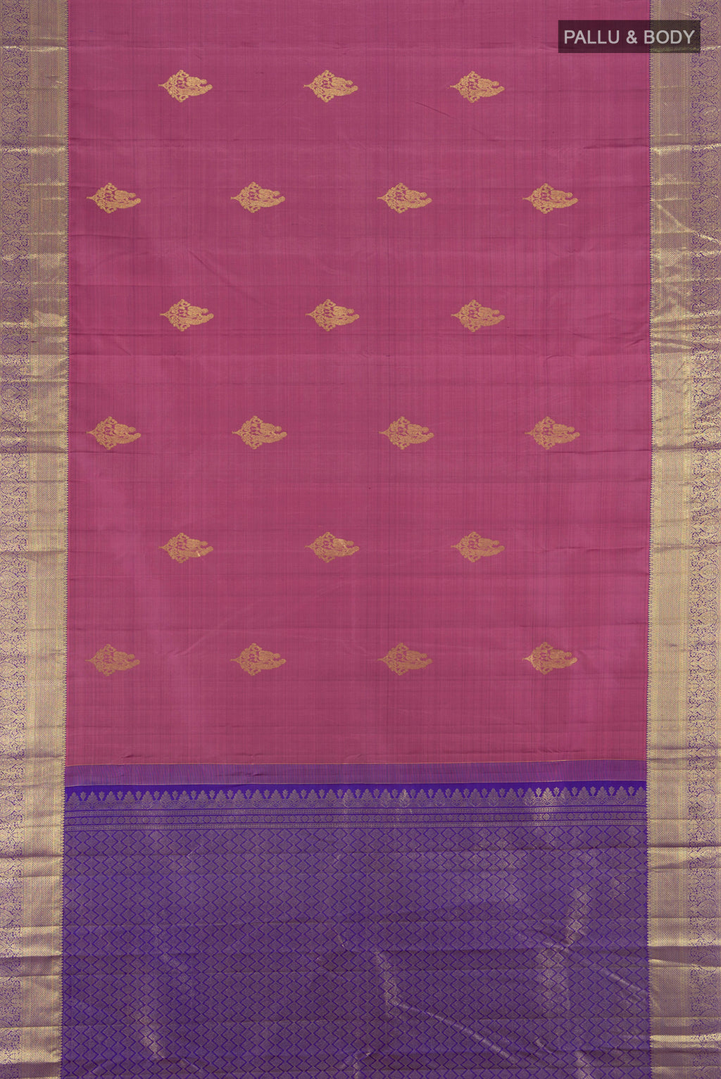 Flat view of Mauve Kanchipuram Silk Saree with Zari Butta on the body and Zari Border. 