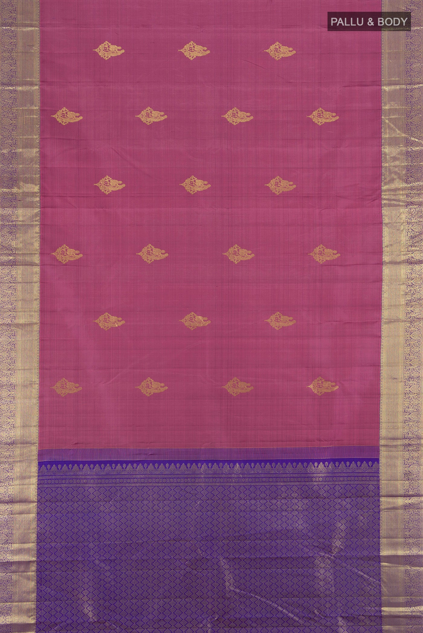 Flat view of Mauve Kanchipuram Silk Saree with Zari Butta on the body and Zari Border. 