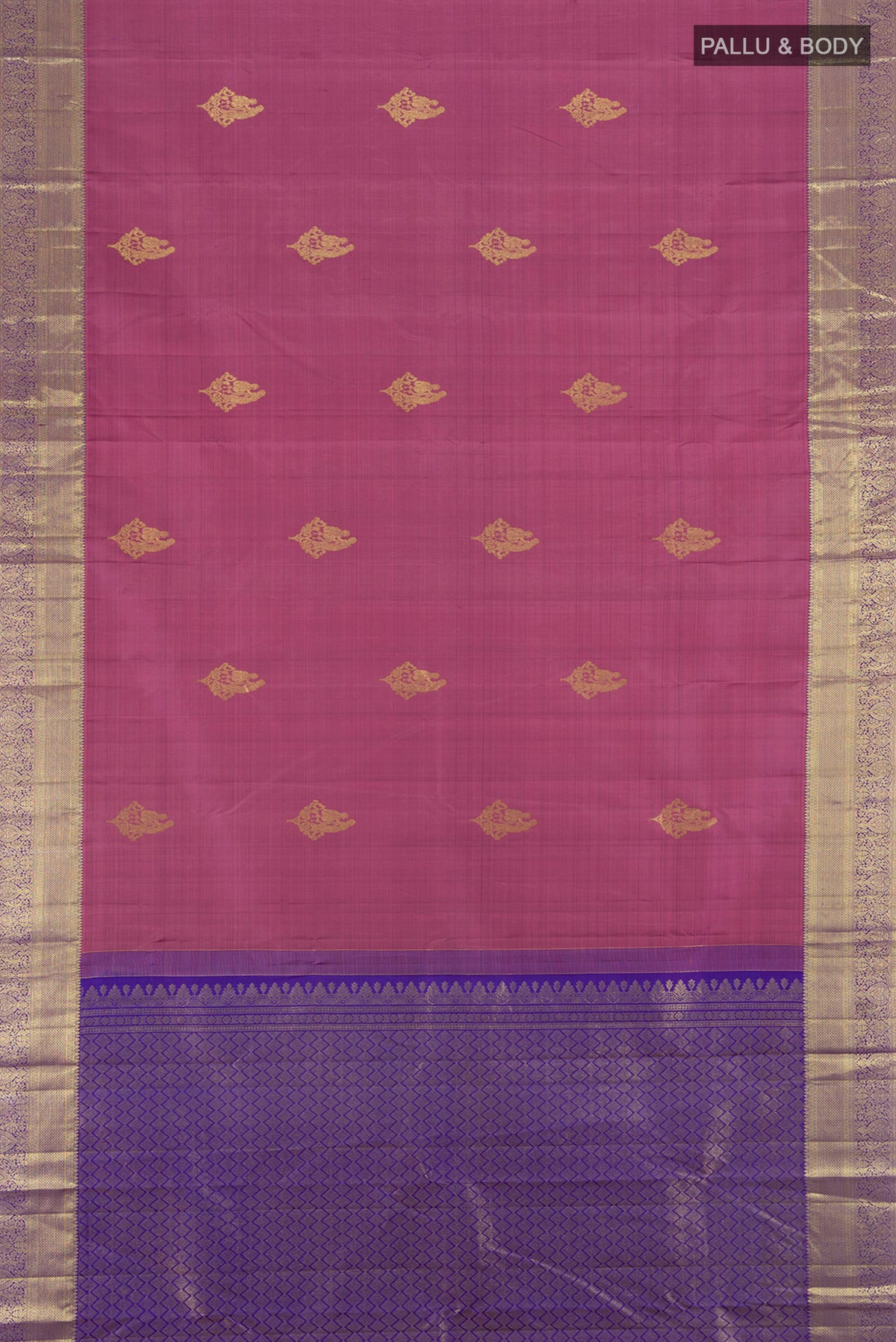 Flat view of Mauve Kanchipuram Silk Saree with Zari Butta on the body and Zari Border. 