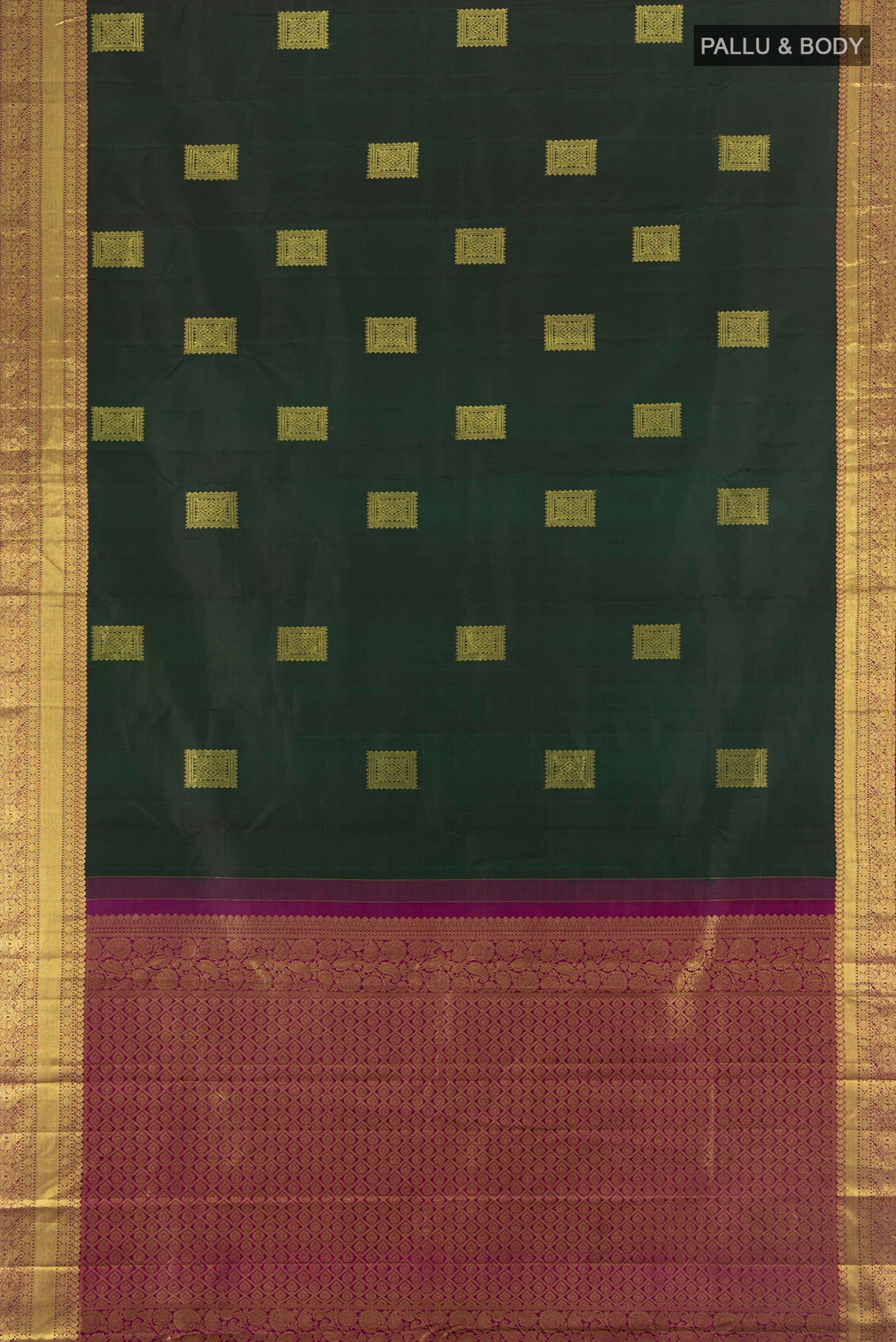 Flat view of Bottle Green Kanchipuram Silk Saree with Zari Butta on the body and Zari Border. 