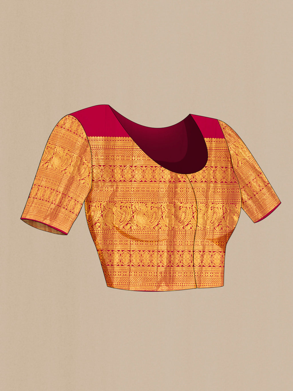 Close up image of the blouse of Maroon Kanjivaram Silk Saree with Zari Butta on the body and Zari Border. 