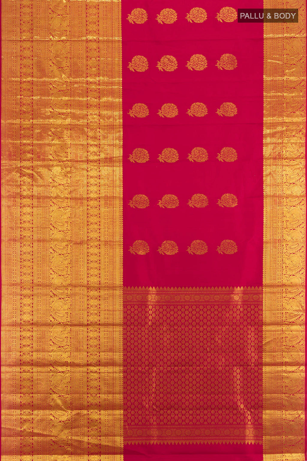 Flat view of Maroon Kanjivaram Silk Saree with Zari Butta on the body and Zari Border. 