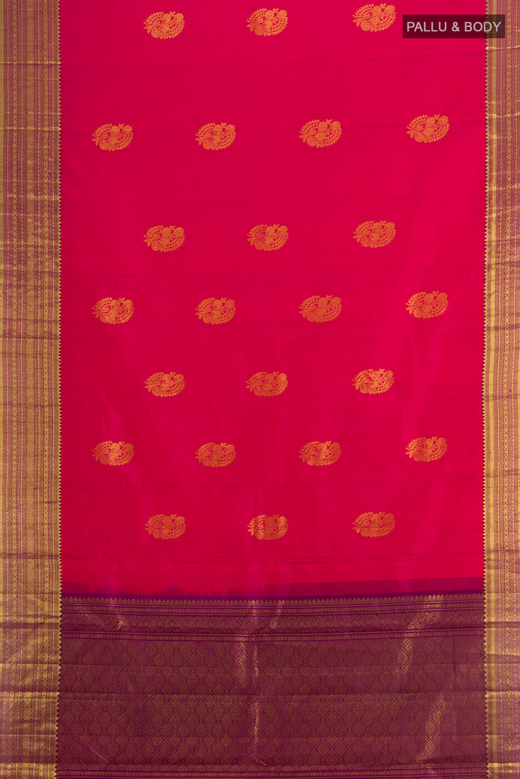 Flat view of Pink Kanchipuram Silk Saree with Zari Butta on the body and Zari Border. 