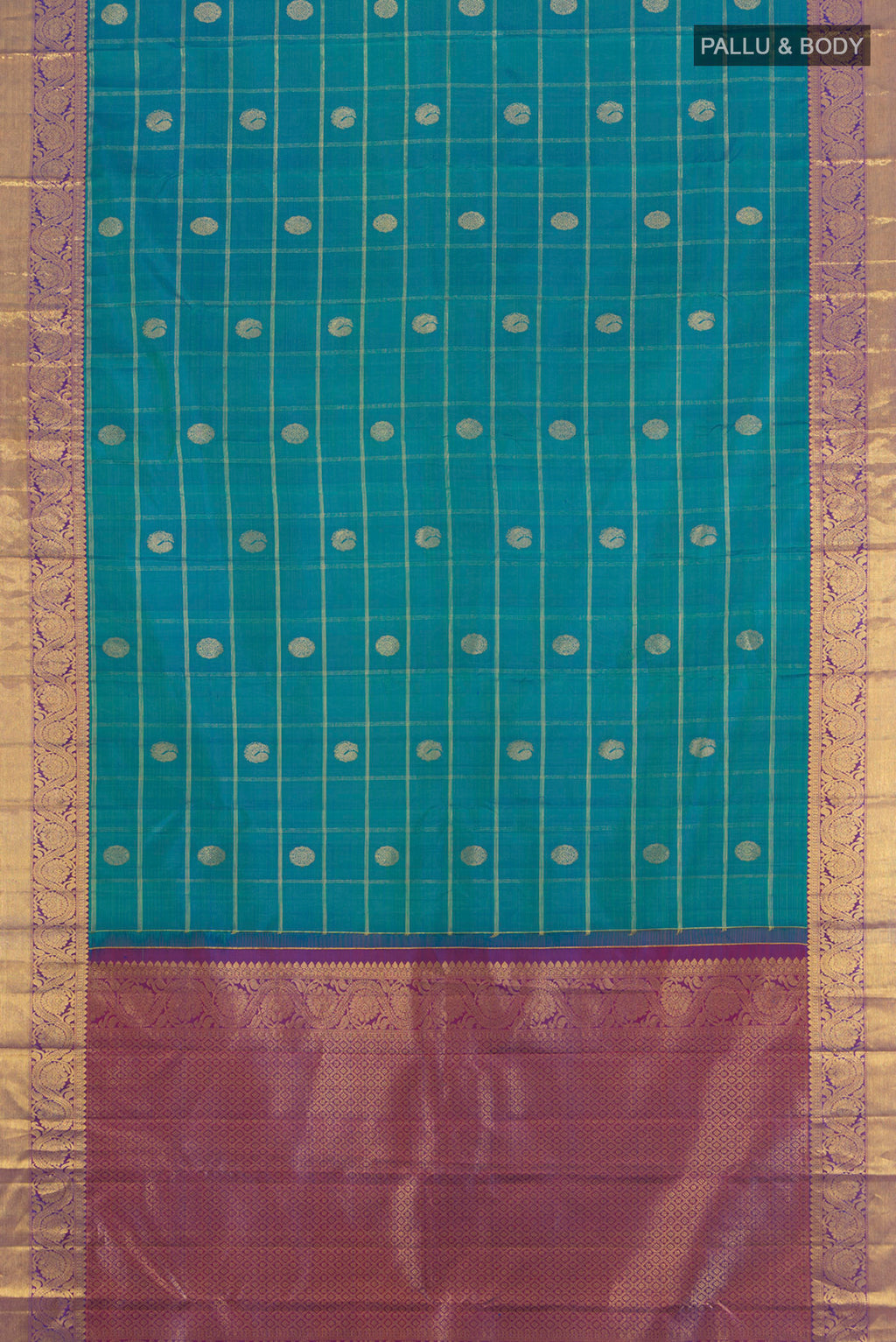 Flat view of Peacock Blue Kanchipuram Silk Saree with Checked design on the body and Zari Border. 