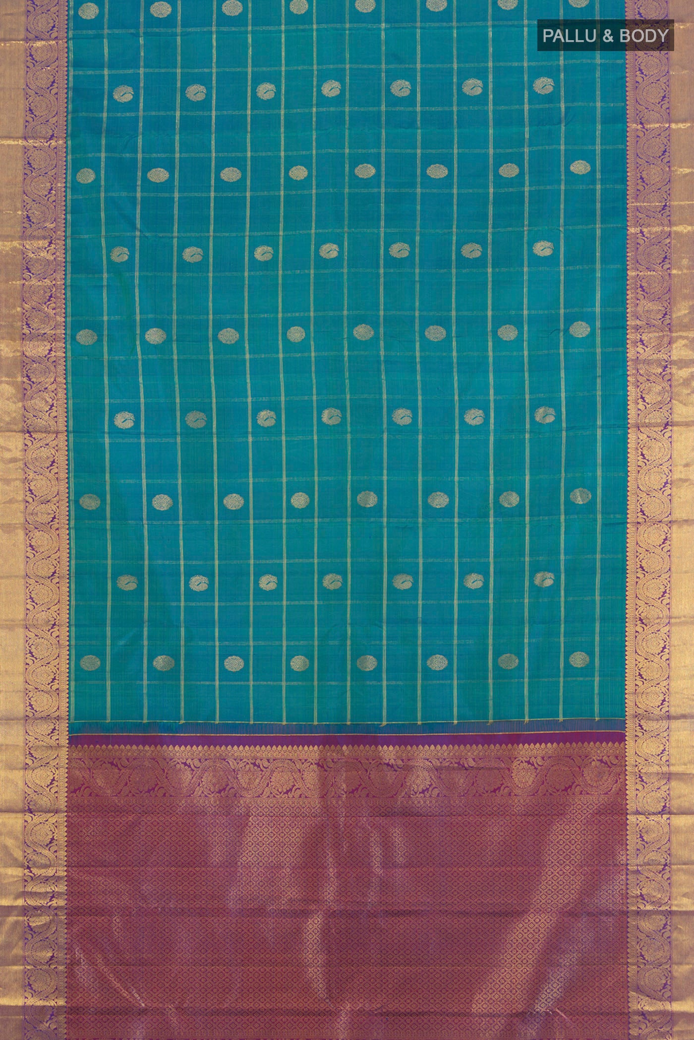 Flat view of Peacock Blue Kanchipuram Silk Saree with Checked design on the body and Zari Border. 