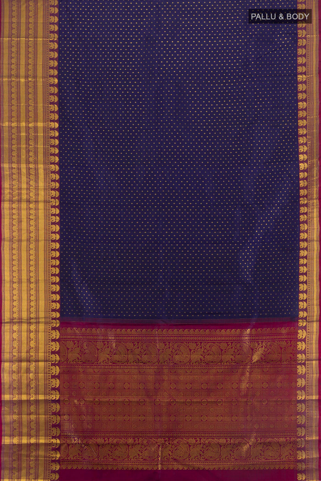 Flat view of Navy Blue Kanchipuram Silk Saree with Zari Butta on the body and Zari Border. 