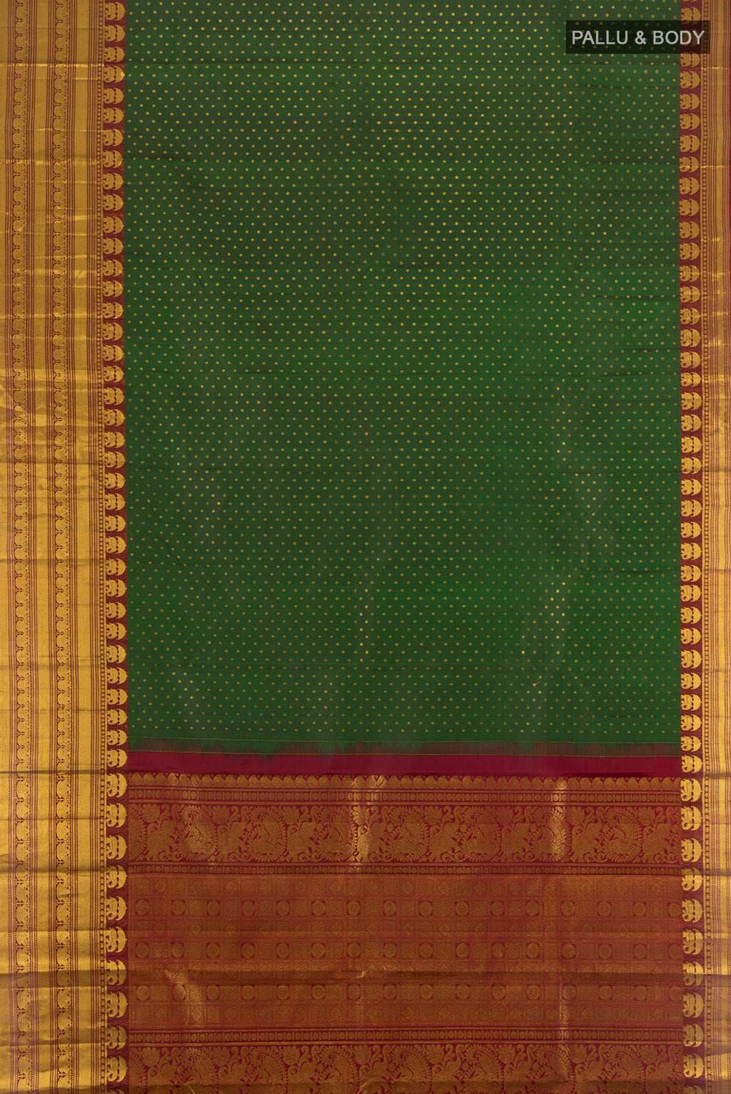 Flat view of Bottle Green Kanchipuram Silk Saree with Zari Butta on the body and Zari Border. 