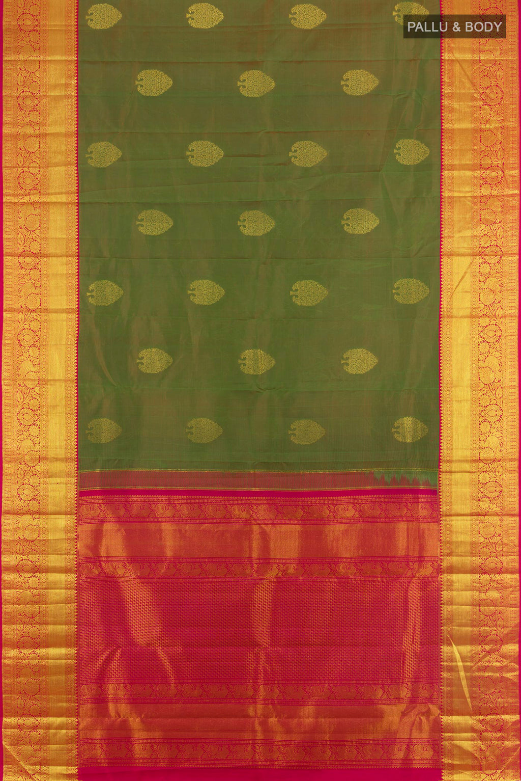 Flat view of Light Green Kanchipuram Silk Saree with Zari Butta on the body and Zari Border. 