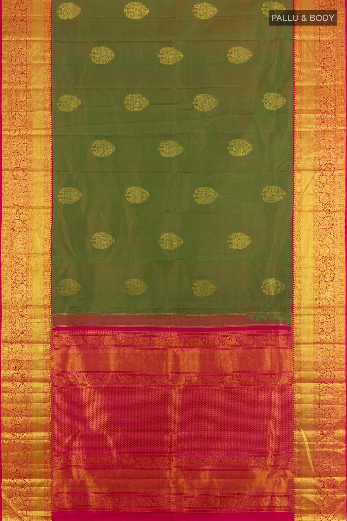 Flat view of Light Green Kanchipuram Silk Saree with Zari Butta on the body and Zari Border. 