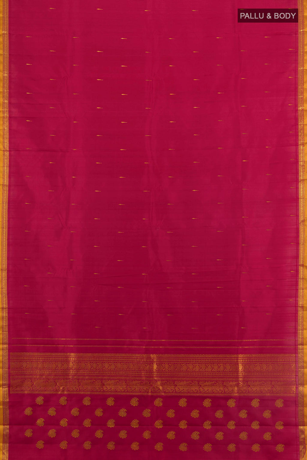 Flat view of Pure Silk Pure Zari Maroon Kanjivaram Saree with Zari Butta on the body and Silk Border. 