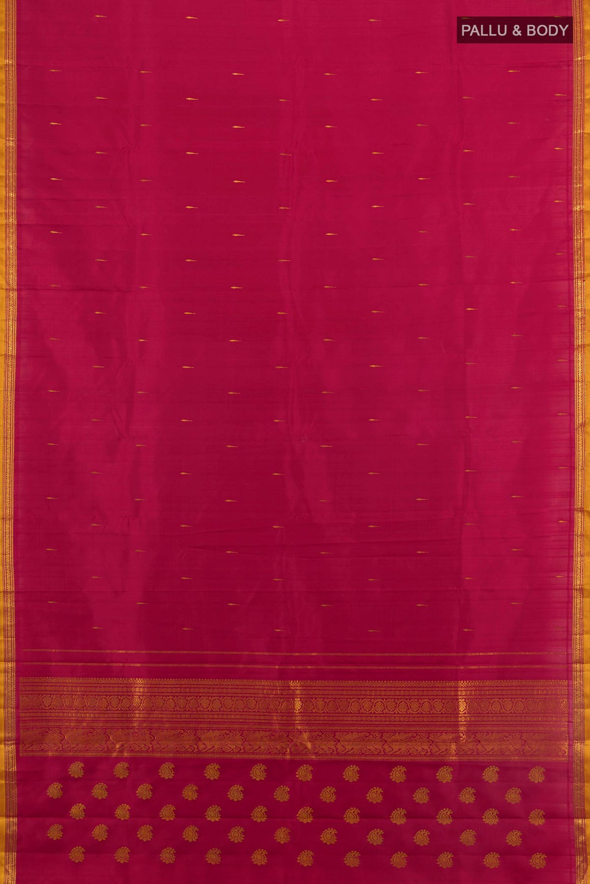 Flat view of Pure Silk Pure Zari Maroon Kanjivaram Saree with Zari Butta on the body and Silk Border. 