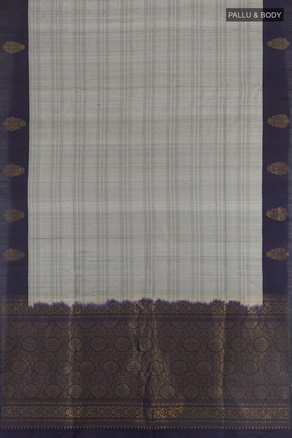 Flat view of Grey Soft Silk Saree with Checked design on the body and Plain Border. 
