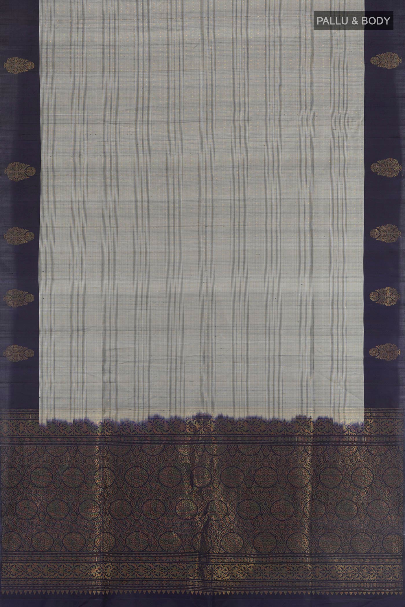 Flat view of Grey Soft Silk Saree with Checked design on the body and Plain Border. 