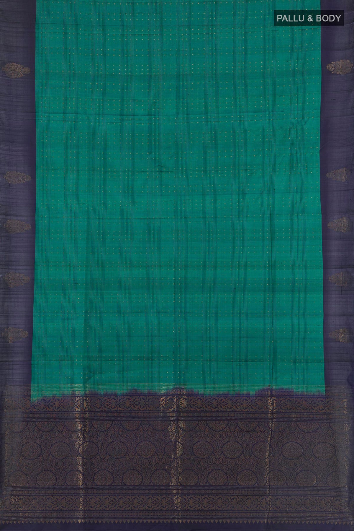 Flat view of Pure Silk Teal Soft Saree with Zari Butta on the body and Plain Border. 