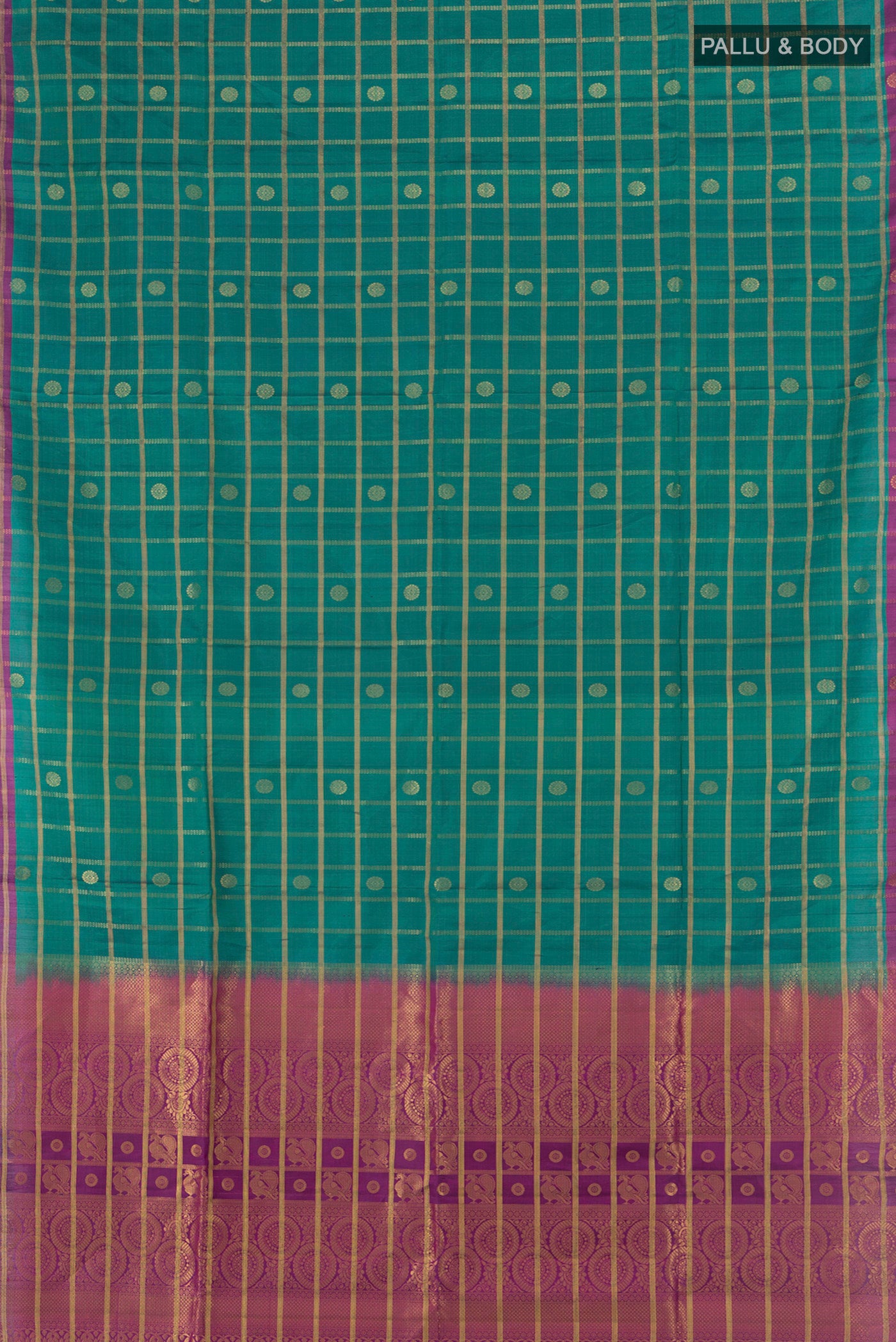 Flat view of Peacock Blue Soft Silk Saree with Checked design on the body and Without Border. 
