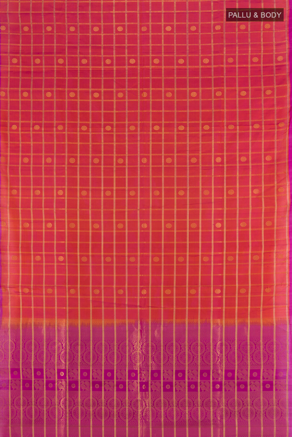 Flat view of Peach Soft Silk Saree with Zari Butta on the body and Silk Border. 