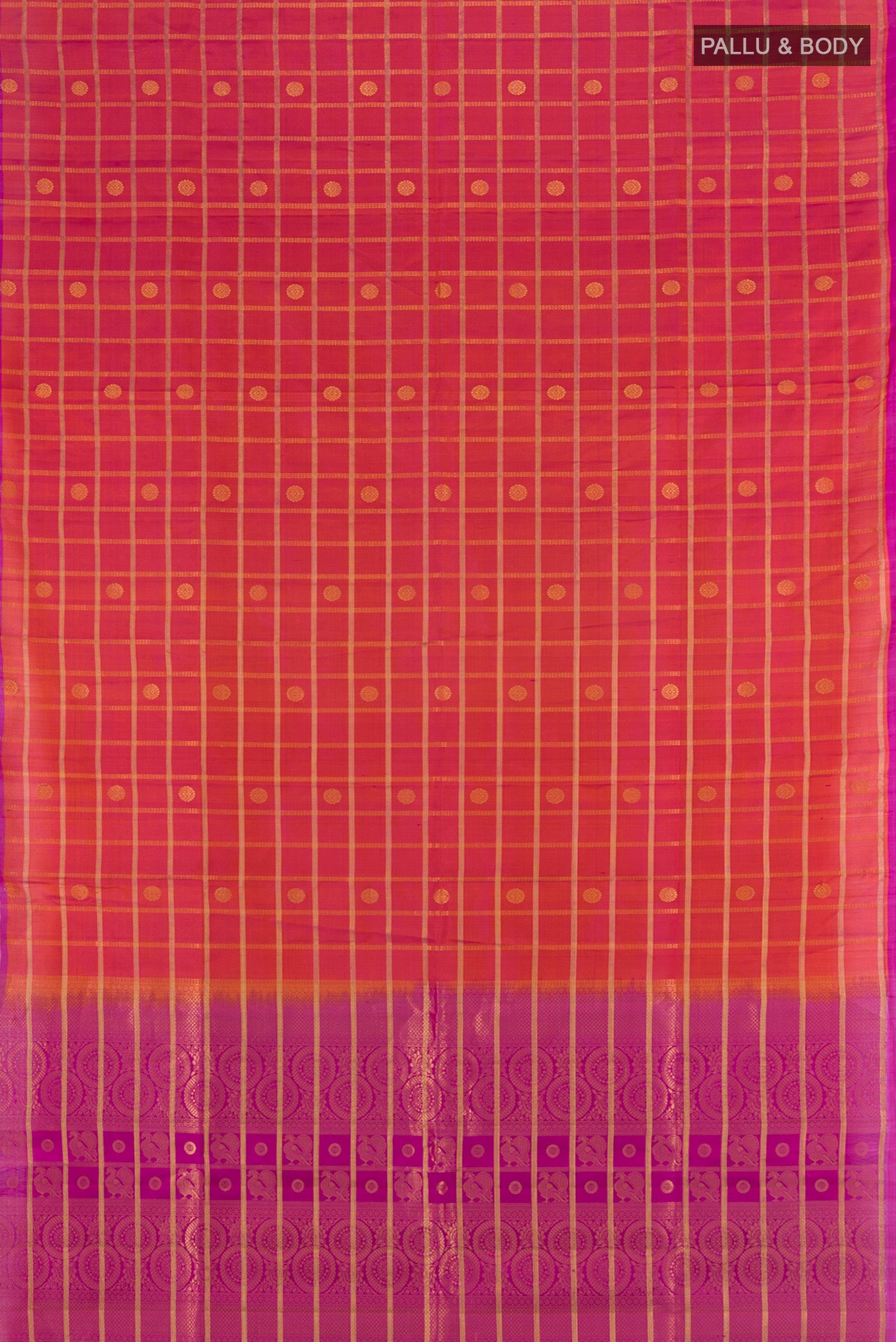 Flat view of Peach Soft Silk Saree with Zari Butta on the body and Silk Border. 