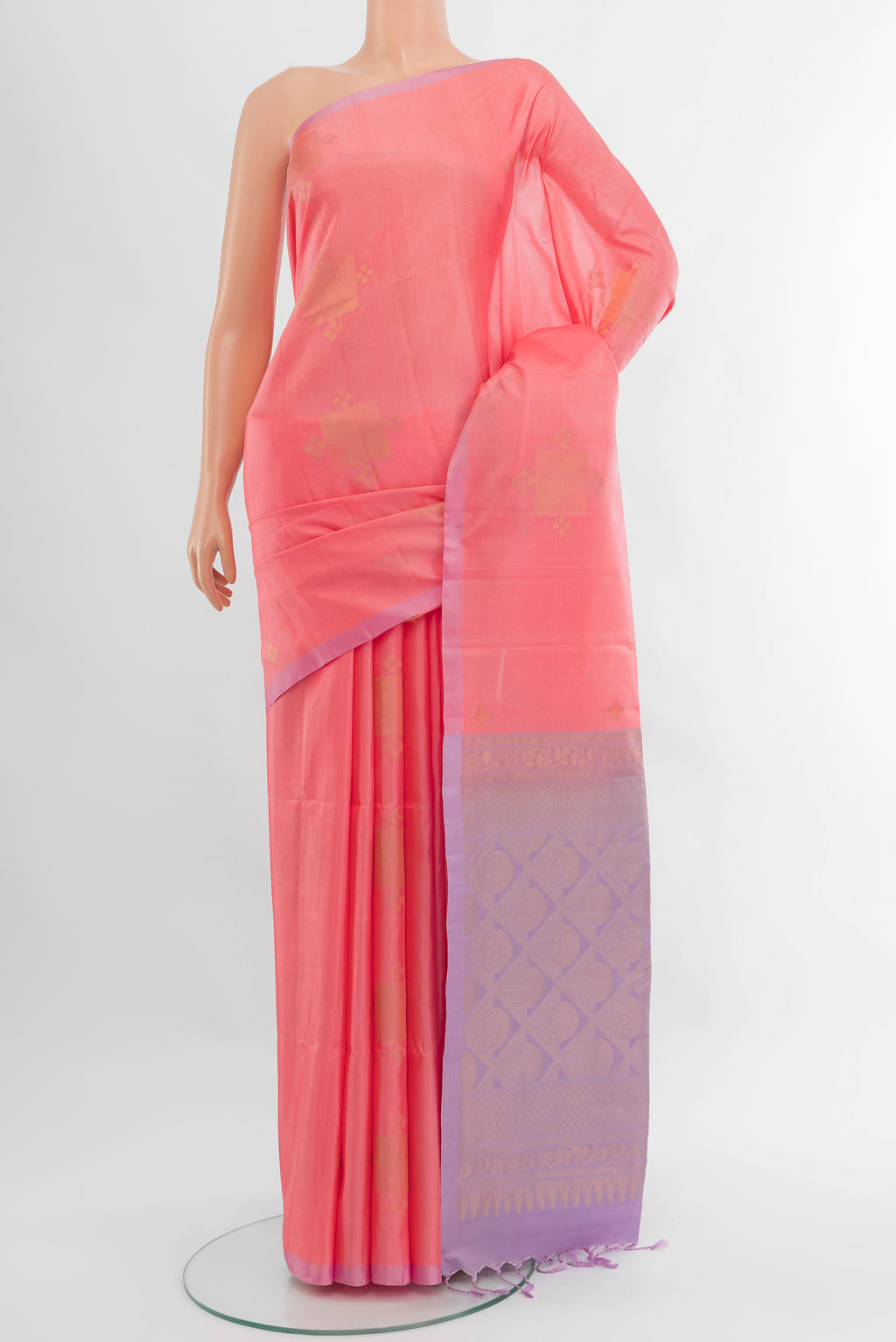 Rose pink Soft Silk Saree with Zari Butta on the body and Without Border.  displayed on a mannequin