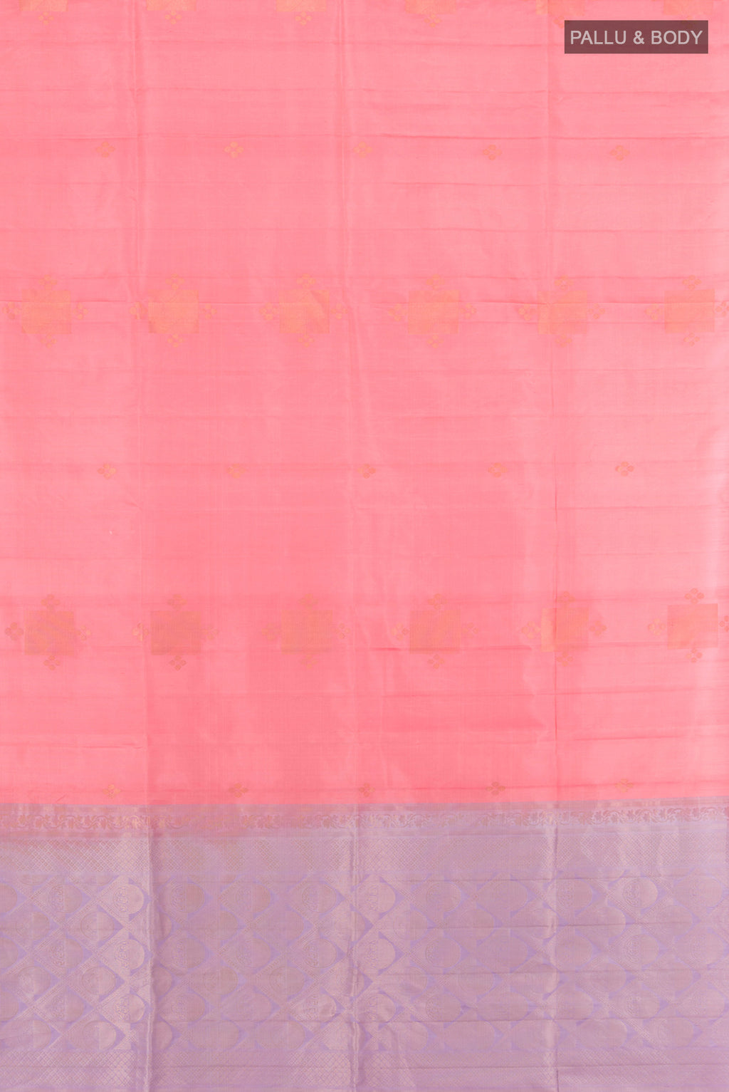 Flat view of Rose pink Soft Silk Saree with Zari Butta on the body and Without Border. 