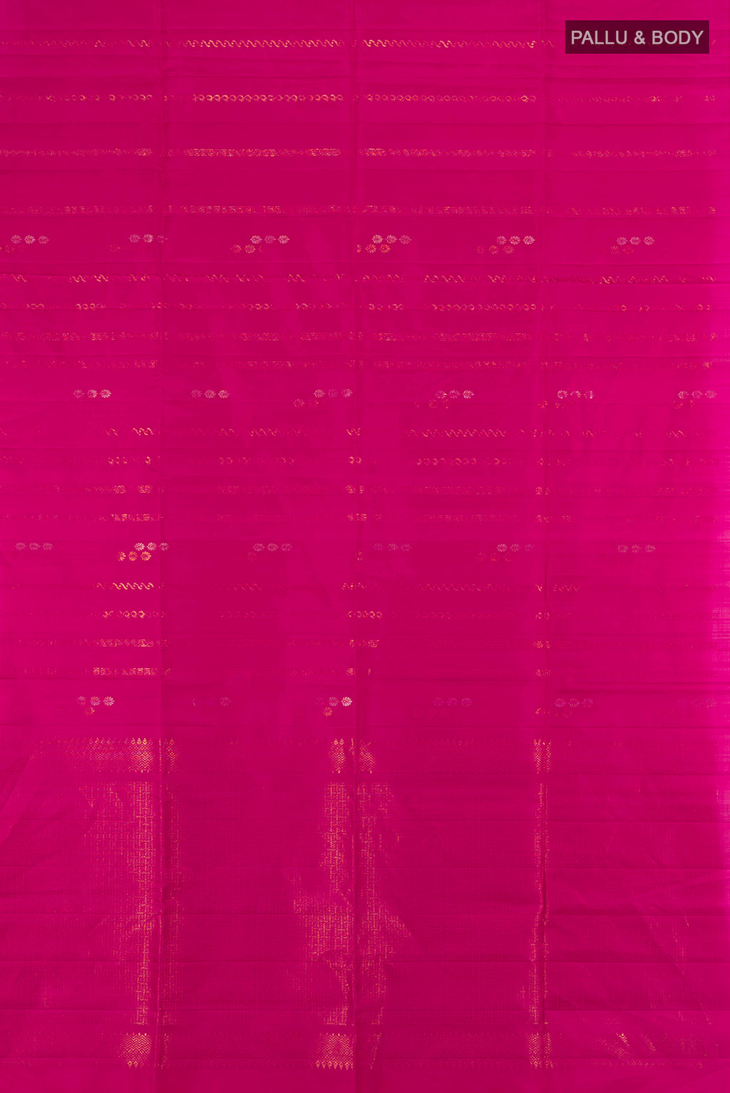 Flat view of Rani Pink Soft Silk Saree with Zari Butta on the body and Without Border. 