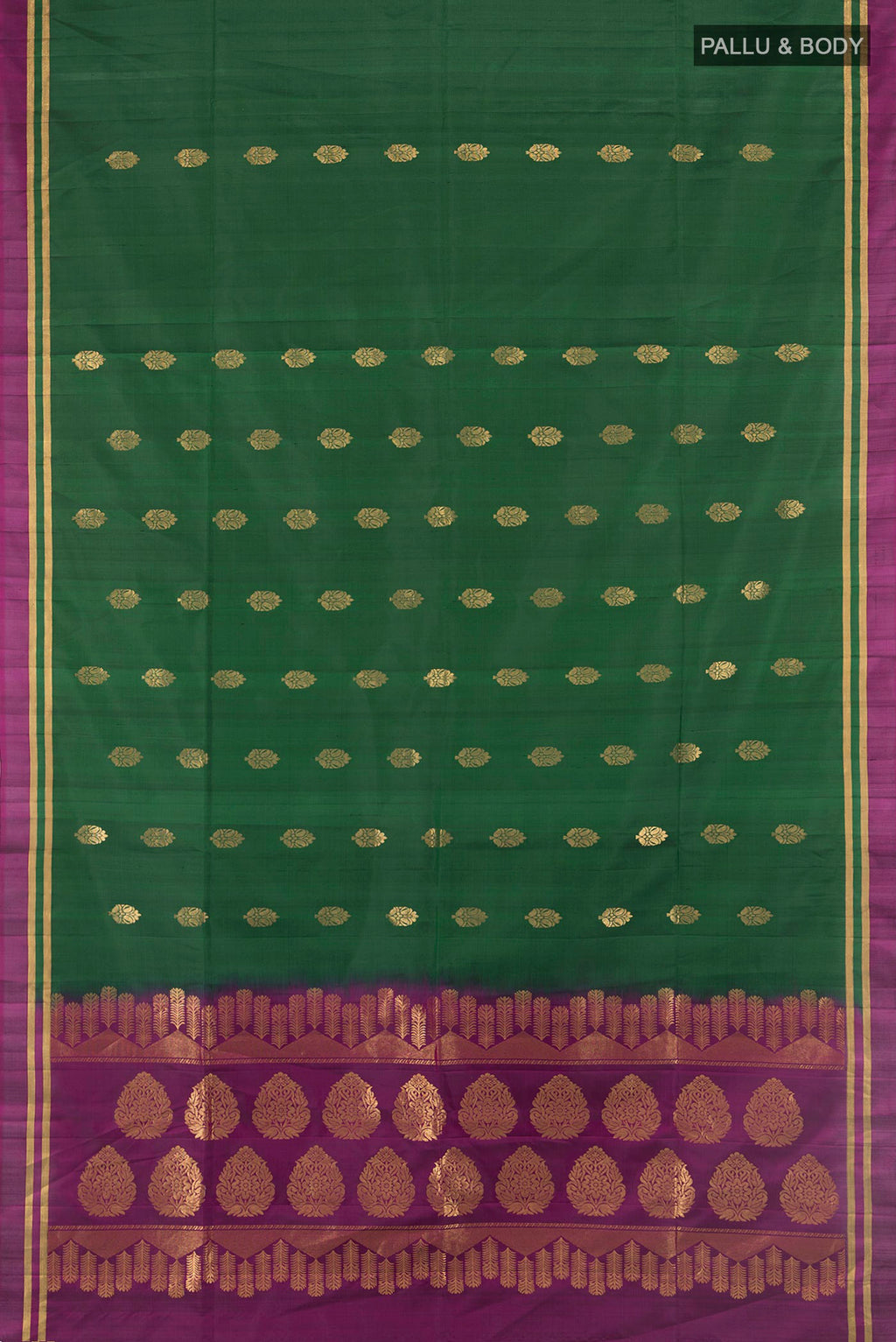 Flat view of Pure Silk Green Soft Saree with Zari Butta on the body and Plain Border. 